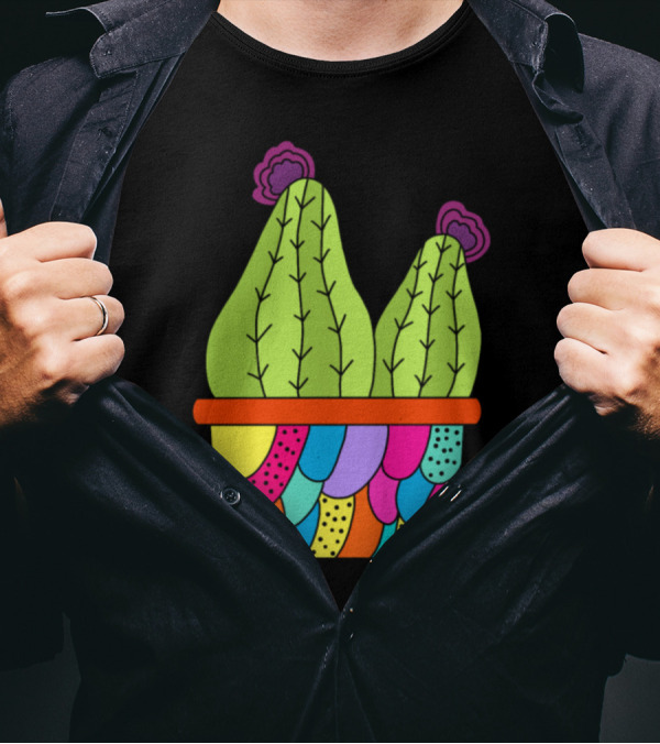 Cute Cacti With Flowers In Colorful Funky Patterned Pot T-Shirt