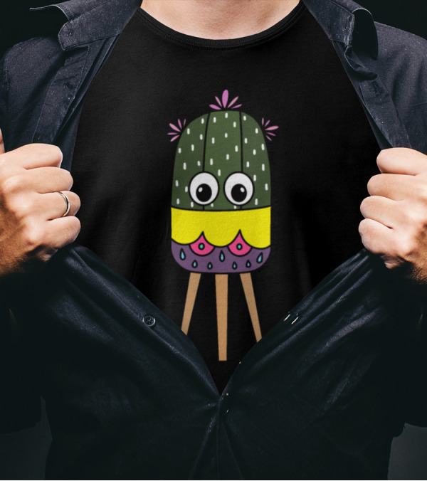 Cute Cactus With Big Eyes In Colorful Planter T-Shirt