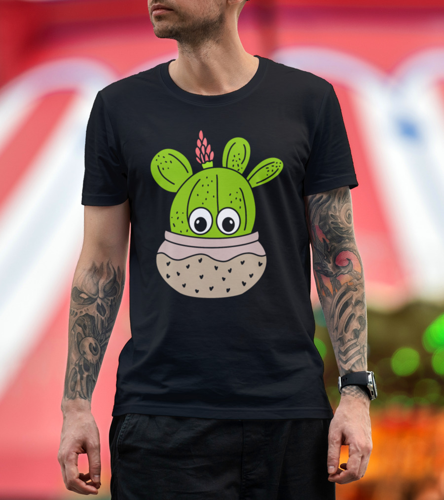Cute Green Cactus with Pink Flower in Speckled Jar Planter T-Shirt