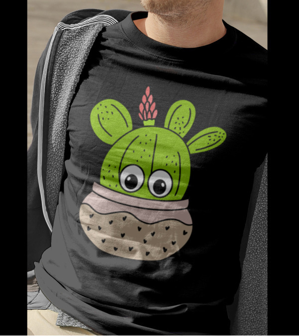 Cute Green Cactus With Pink Flower In Speckled Jar Planter T-Shirt