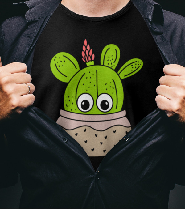 Cute Green Cactus With Pink Flower In Speckled Jar Planter T-Shirt