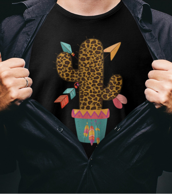 Cute Leopard Print Boho Chic Colorful Cactus T-Shirt