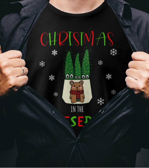 Christmas In The Desert Cacti Bear Snowflakes T-Shirt