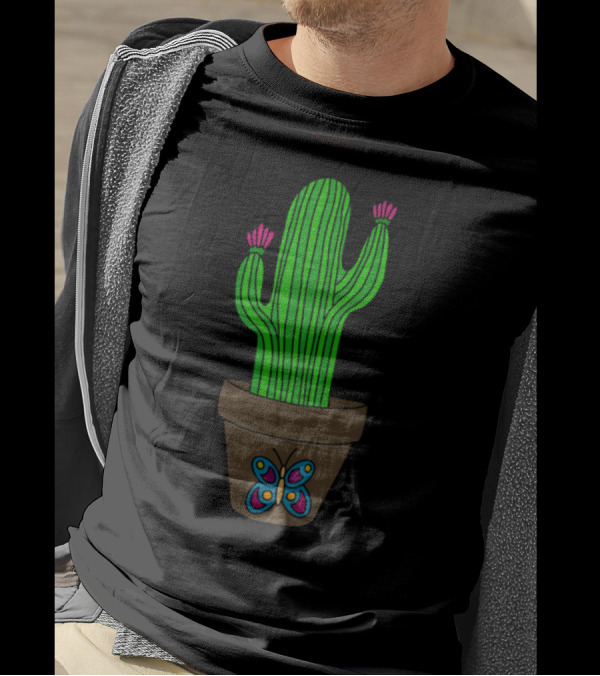 Desert Cactus Blooms In Butterfly Embellished Pot T-Shirt