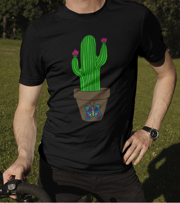 Desert Cactus Blooms In Butterfly Embellished Pot T-Shirt