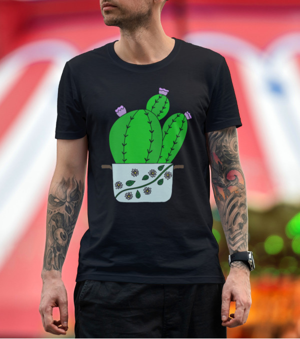 Premium T-Shirt: Echinocereus Cacti With Blooms Decorated Pot with Daisies T-Shirt Echinocereus Cacti With Blooms Decorated Pot with Daisies T-Shirt