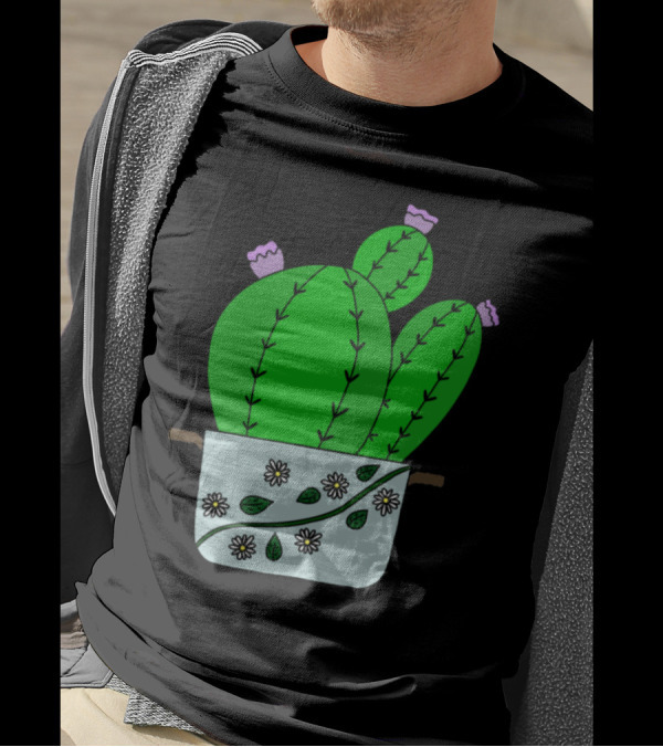 Echinocereus Cacti With Blooms Decorated Pot With Daisies T-Shirt