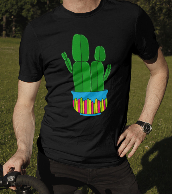Funkyshaped Cacti In Bright Blue Pot With Vibrant Colors T-Shirt
