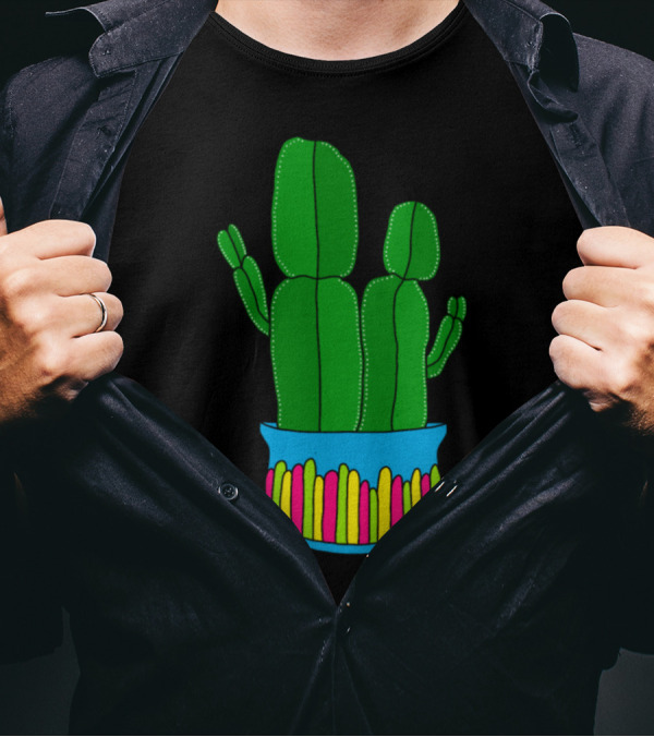 Funkyshaped Cacti In Bright Blue Pot With Vibrant Colors T-Shirt