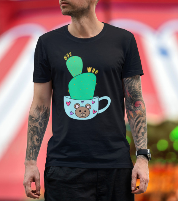 Premium T-Shirt: Green Cactus with Yellow Flowers in Cute Bear Mug with Hearts T-Shirt Green Cactus with Yellow Flowers in Cute Bear Mug with Hearts T-Shirt
