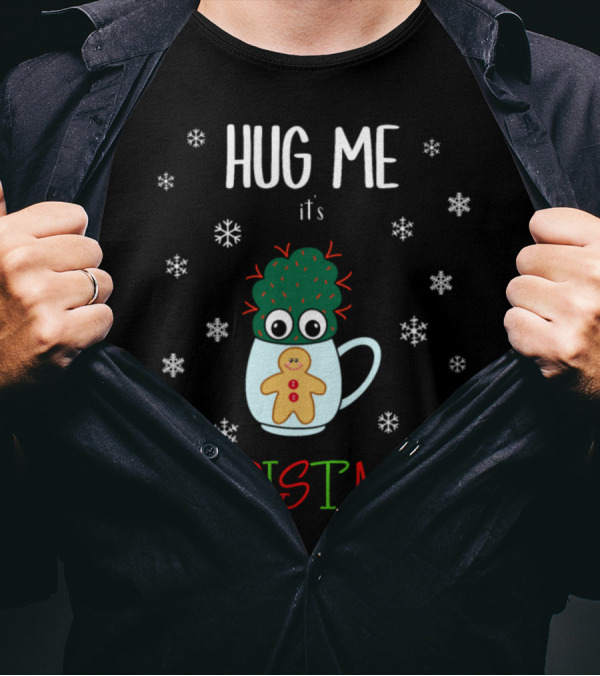 Hug Me It's Christmas Small Cactus Mug With Gingerbread Cookie And Snowflakes T-Shirt