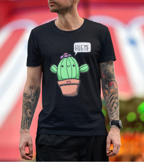 Premium T-Shirt: Hug Me Cute Funny Cactus with Heart Pot and Flower T-Shirt Hug Me Cute Funny Cactus with Heart Pot and Flower T-Shirt