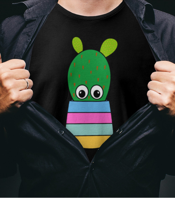 Hybrid Cactus Big Eyes In Striped Colorful Pot T-Shirt
