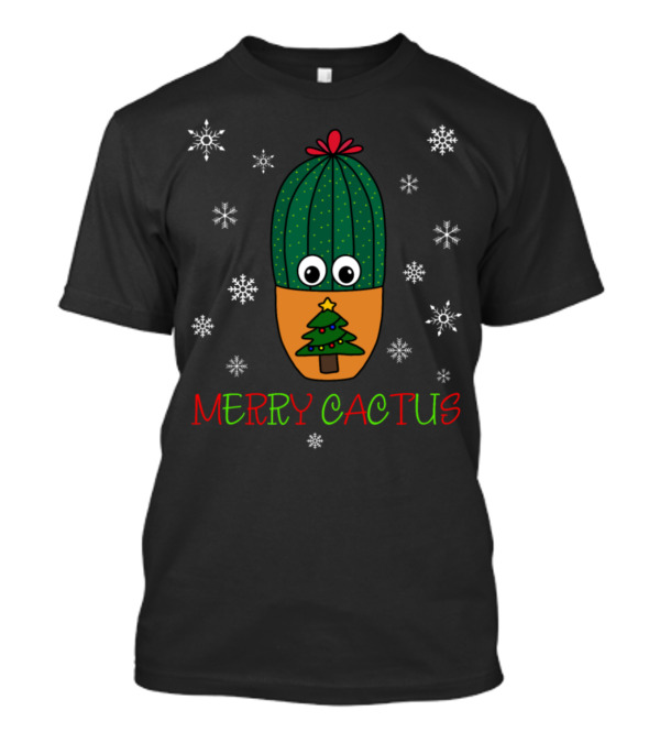 Merry Cactus Festive Christmas Tree Pot With Snowflakes T-Shirt