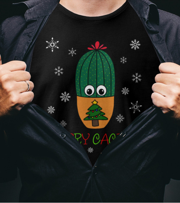 Merry Cactus Festive Christmas Tree Pot With Snowflakes T-Shirt