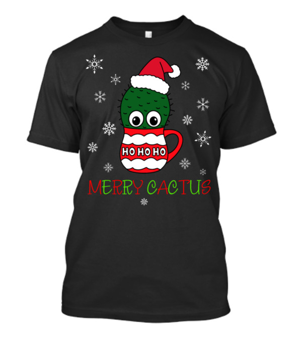 Merry Cactus Ho Ho Ho Santa Hat Snowflakes T-Shirt
