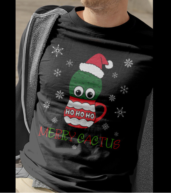 Merry Cactus Ho Ho Ho Santa Hat Snowflakes T-Shirt