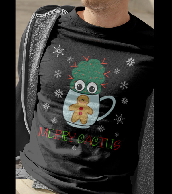 Merry Cactus Gingerbread Mug With Red Spikes And Snowflakes T-Shirt
