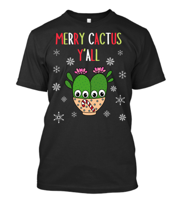 Merry Cactus Y'all Cacti Couple Candy Cane Snowflakes T-Shirt