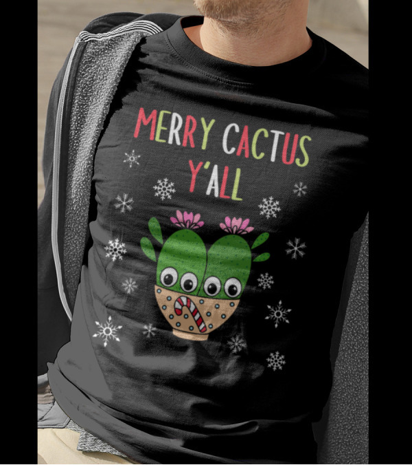 Merry Cactus Y'all Cacti Couple Candy Cane Snowflakes T-Shirt