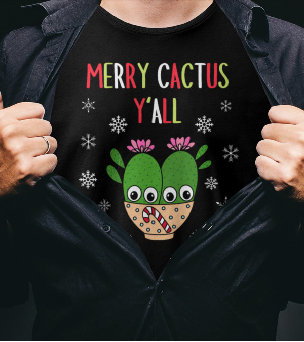 Merry Cactus Y'all Cacti Couple Candy Cane Snowflakes T-Shirt