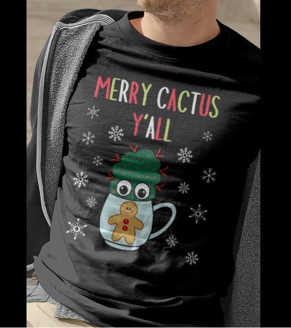 Merry Cactus Y'all Small Cactus With Red Gingerbread Mug Snowflakes T-Shirt