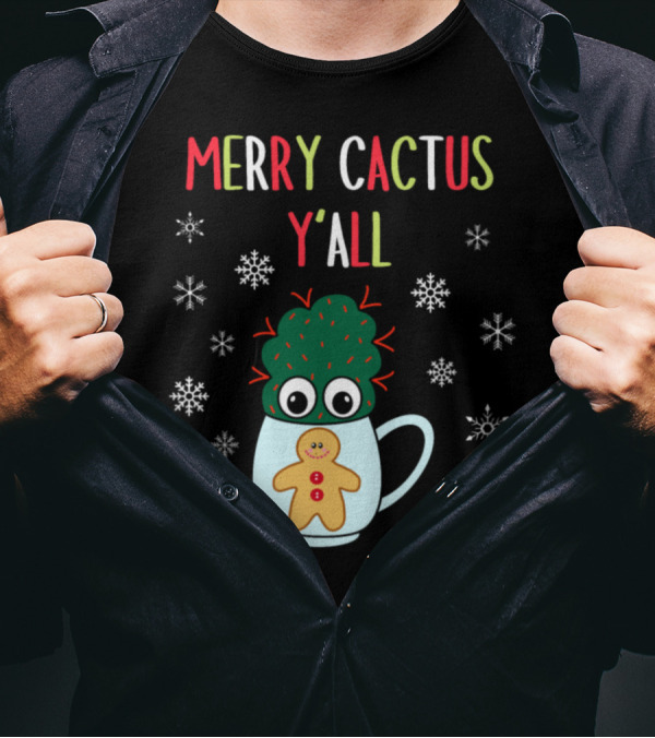 Merry Cactus Y'all Small Cactus With Red Gingerbread Mug Snowflakes T-Shirt