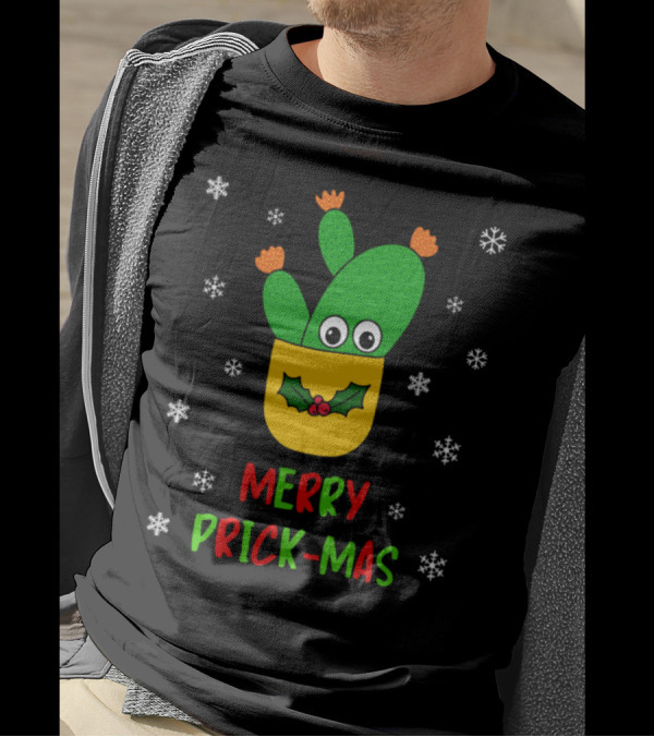 Merry Prick-Mas Opuntia Microdasys Cactus In Festive Pocket With Snowflakes T-Shirt