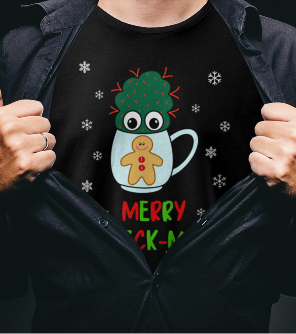 Merry Prick-Mas Cactus In Mug With Gingerbread And Snowflakes T-Shirt