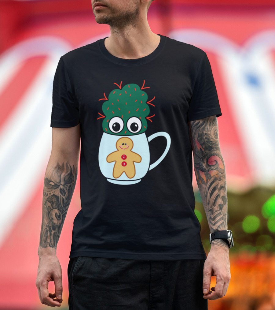 Mini Cactus With Red Spikes In Cute Gingerbread Mug With Big Eyes T-Shirt