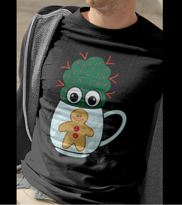 Mini Cactus With Red Spikes In Cute Gingerbread Mug With Big Eyes T-Shirt
