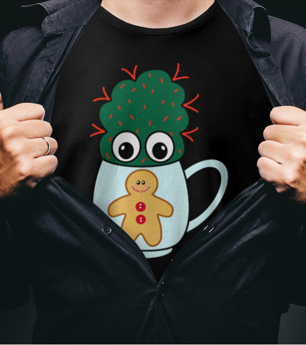 Mini Cactus With Red Spikes In Cute Gingerbread Mug With Big Eyes T-Shirt
