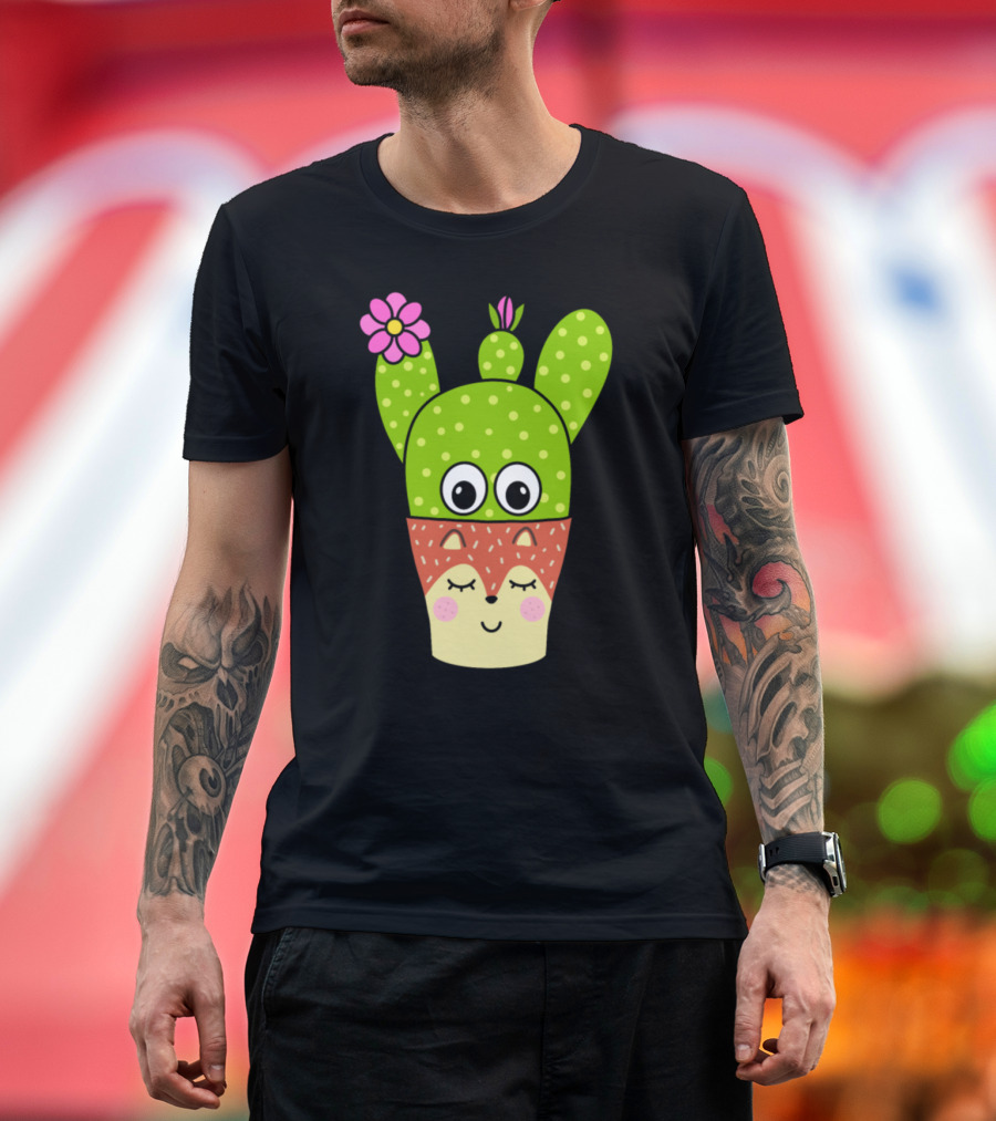 Pretty Cactus with Flower in Cute Fox Face Pot T-Shirt