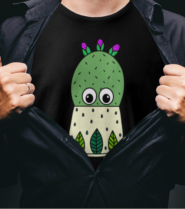 Prickly Pear Cactus With Eyes In Leafy Pot T-Shirt