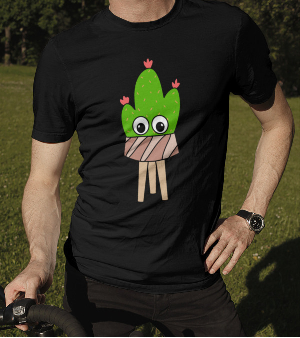 Prickly Pear Cactus With Cartoon Eyes And Flowers In Wood Planter T-Shirt