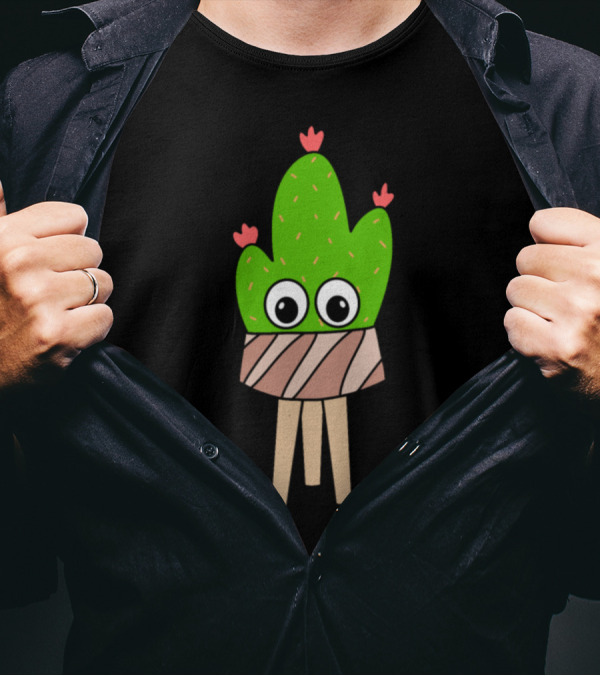 Prickly Pear Cactus With Cartoon Eyes And Flowers In Wood Planter T-Shirt