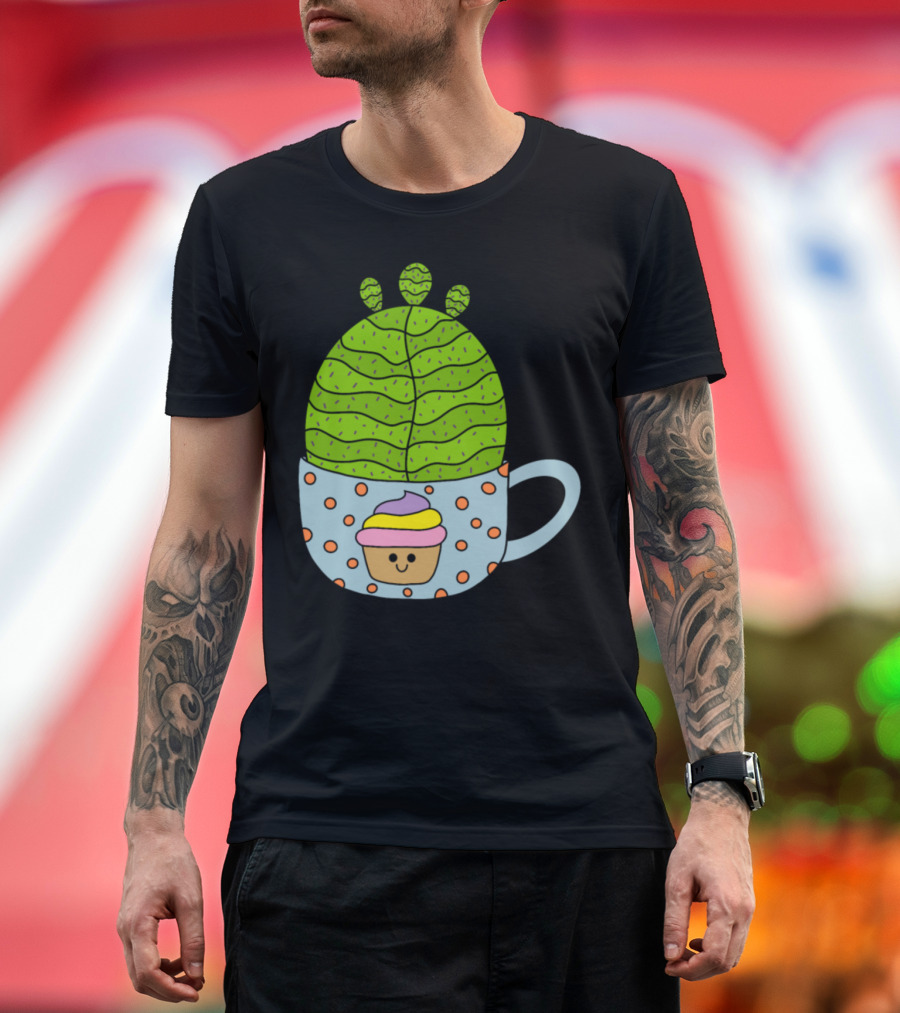 Small Barrel Cactus in Cute Cupcake Mug with Smiling Cupcake Decor T-Shirt