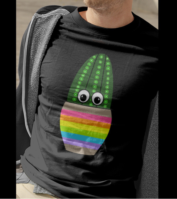 Tall Fuzzy Navel Cactus With Googly Eyes In Rainbow Jar T-Shirt