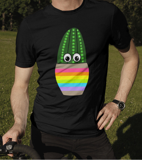 Tall Fuzzy Navel Cactus With Googly Eyes In Rainbow Jar T-Shirt