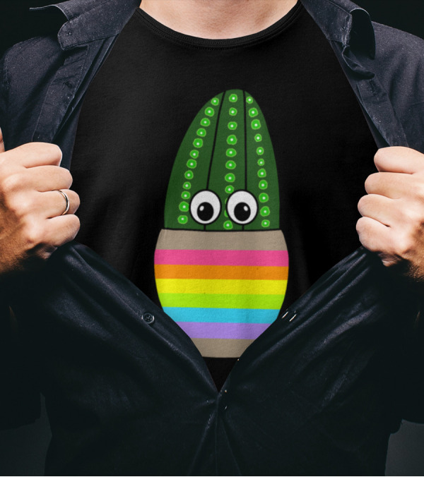 Tall Fuzzy Navel Cactus With Googly Eyes In Rainbow Jar T-Shirt