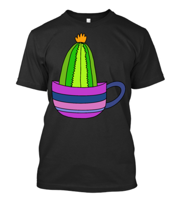 Striped Teacup With Tiny Cactus And Bright Yellow Flower Top T-Shirt