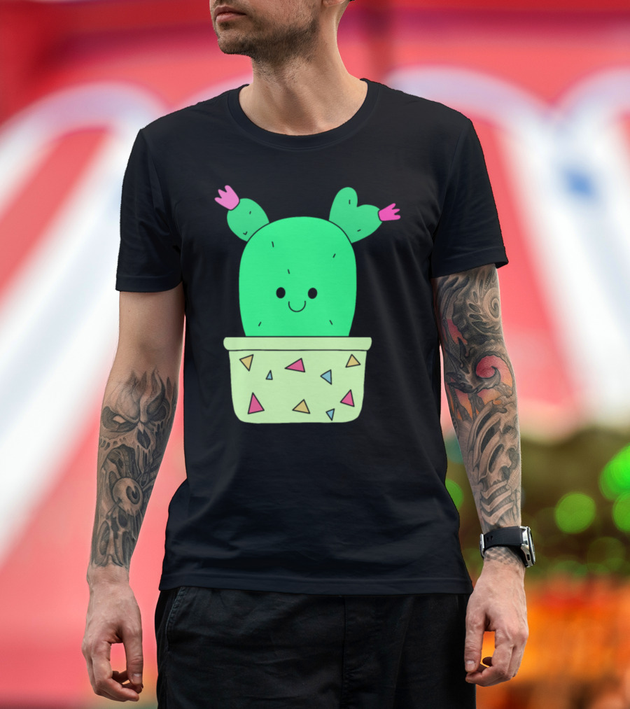 Young Happy Cactus in Colorful Geometric Pot with Smiling Face T-Shirt
