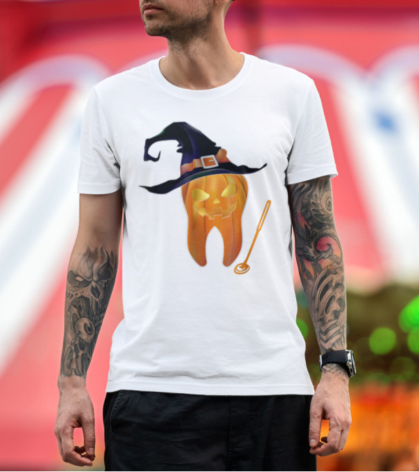 Premium T-Shirt: Jack-O'-Lantern Tooth Wearing Witch Hat with Dental Tool T-Shirt Jack-O'-Lantern Tooth Wearing Witch Hat with Dental Tool T-Shirt