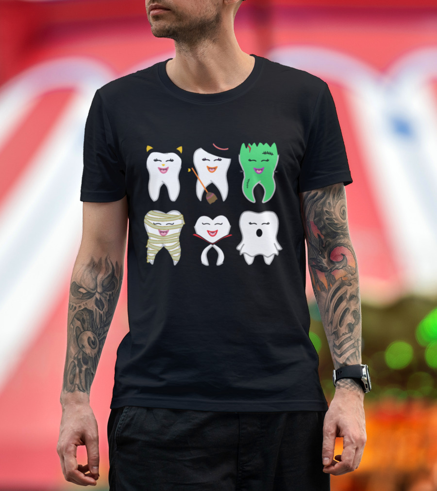 Halloween Tooth Cat Witch Frankenstein Mummy Vampire Ghost T-Shirt
