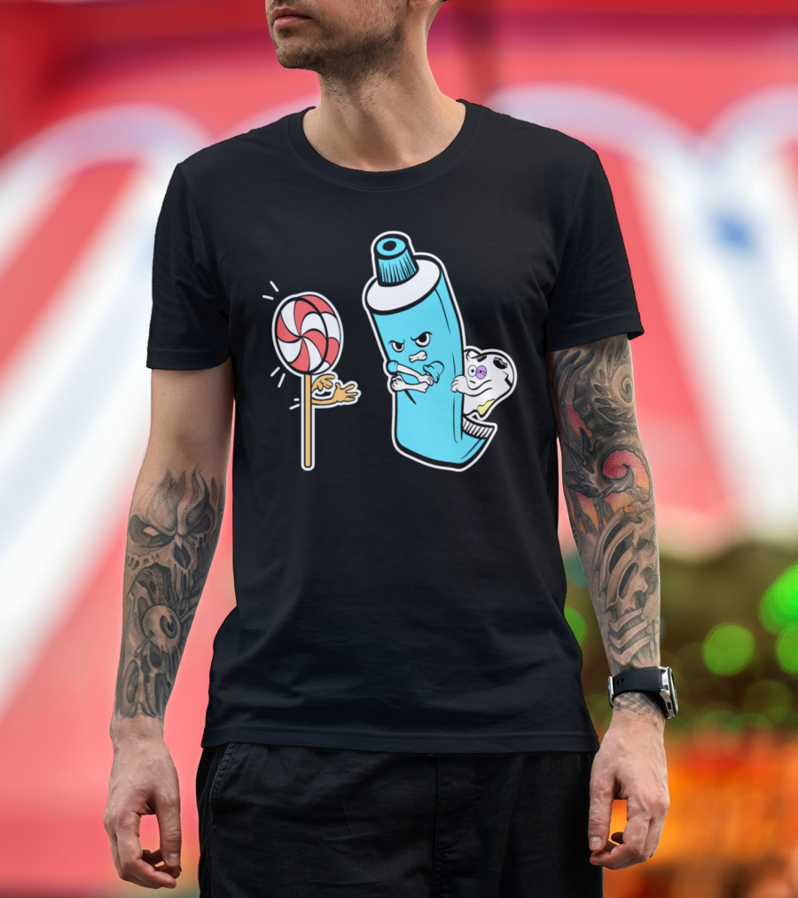 Toothpaste and Tooth Facing Off Against Lollipop in Nice Dentistry T-Shirt