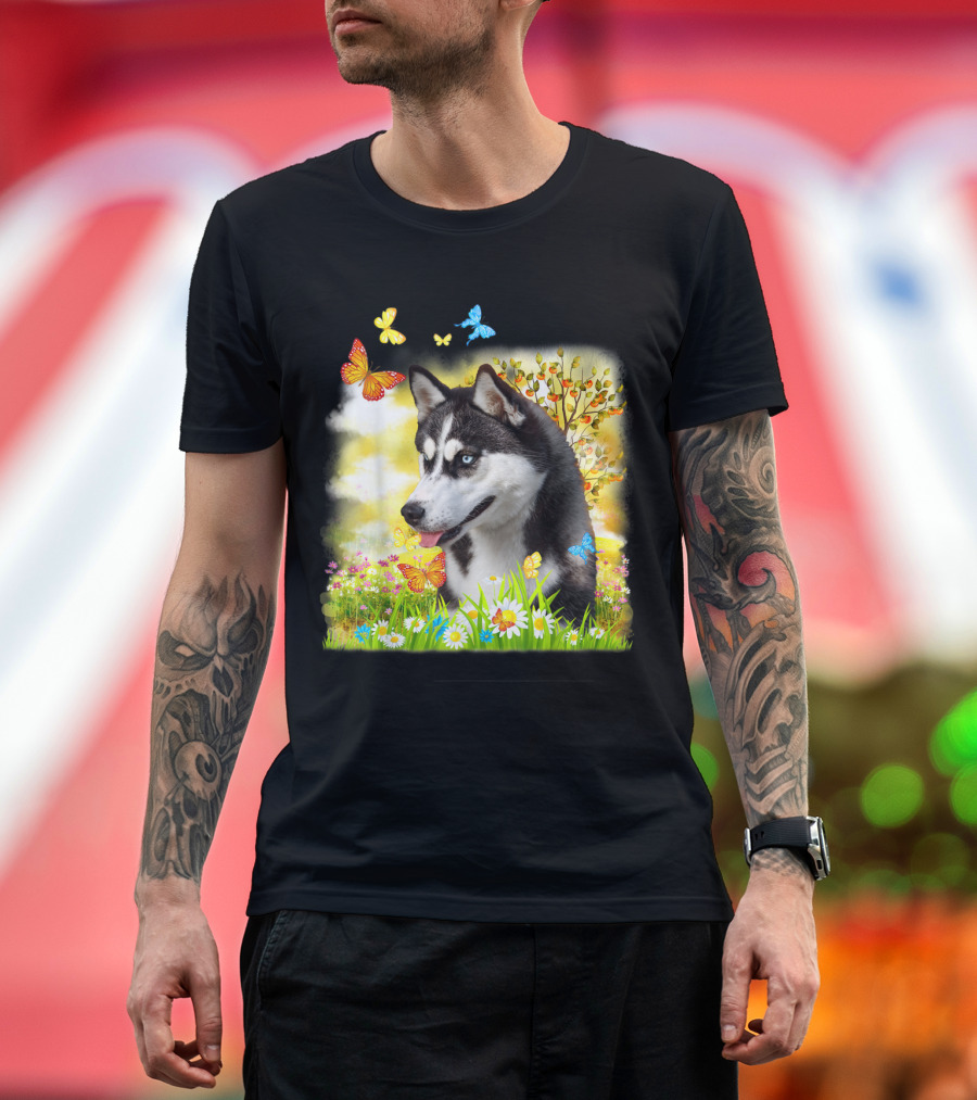 Siberian Husky in Vibrant Floral Meadow with Colorful Butterflies and Autumnal Background T-Shirt