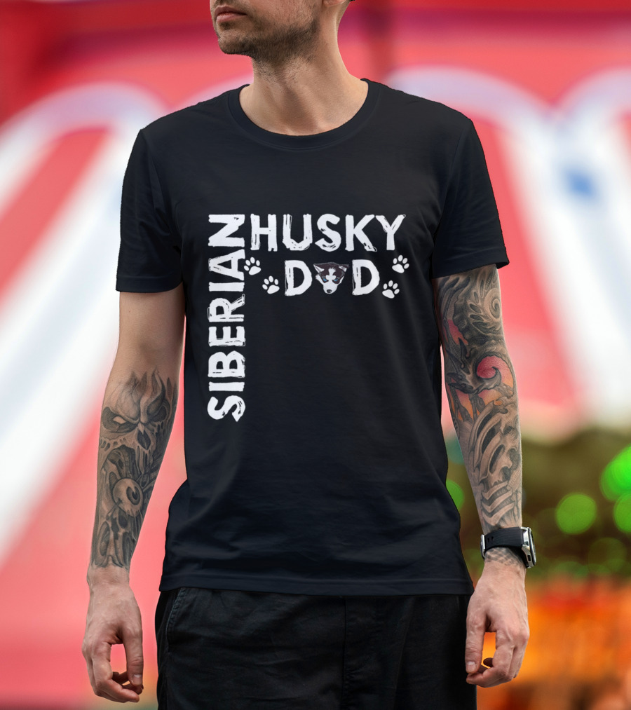Siberian Husky Dad with Paw Prints and Dog Face T-Shirt