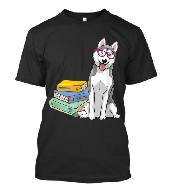 Siberian Husky Geek Dogeek Dogs Glasses Books Stack T-Shirt