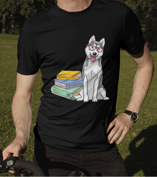 Siberian Husky Geek Dogeek Dogs Glasses Books Stack T-Shirt