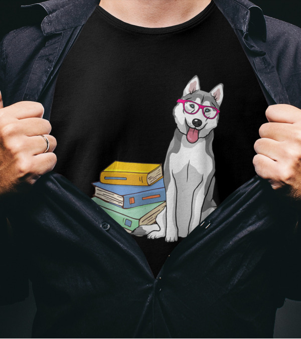 Siberian Husky Geek Dogeek Dogs Glasses Books Stack T-Shirt